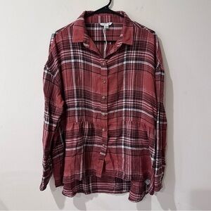 American Eagle Womens red flannel button up peplum style long sleeve top size XS